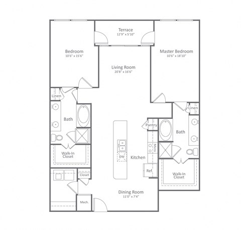 Floor plan for 2 beds, 2 baths, 1369 sqft